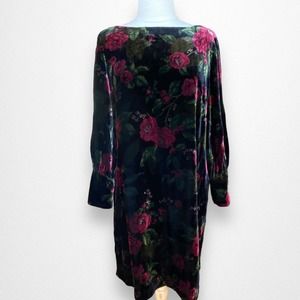 Ann Taylor Womens Dress Size 14 Velvet Floral Knee Length Cuff Wrist Dress‎